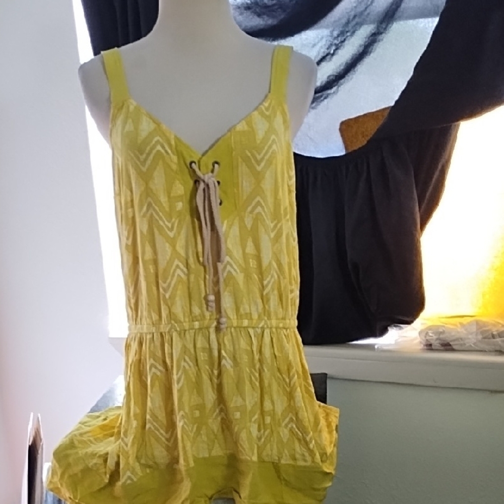 Plenty Green Yellow And White Sleeveless Dress with Drawstring